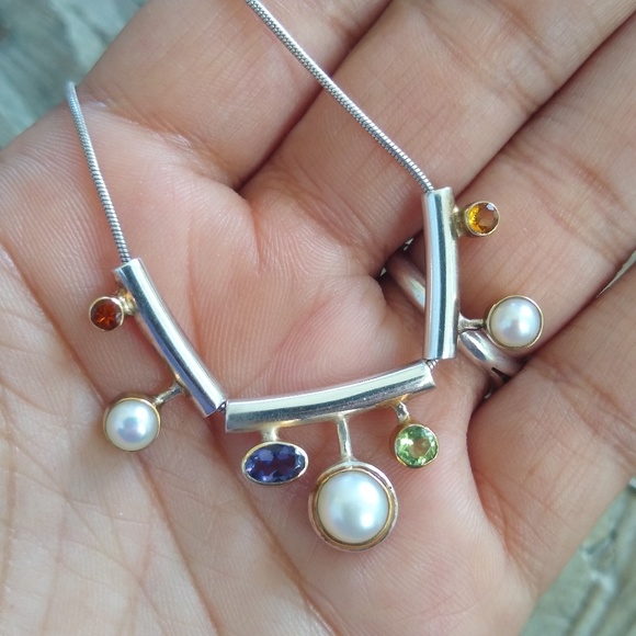 Vintage Jewelry - Designer 14k gold sterling slide necklace gemstone